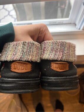 Hey Dude Black Slip-On Sandals with Multicolor Knit Cuffs